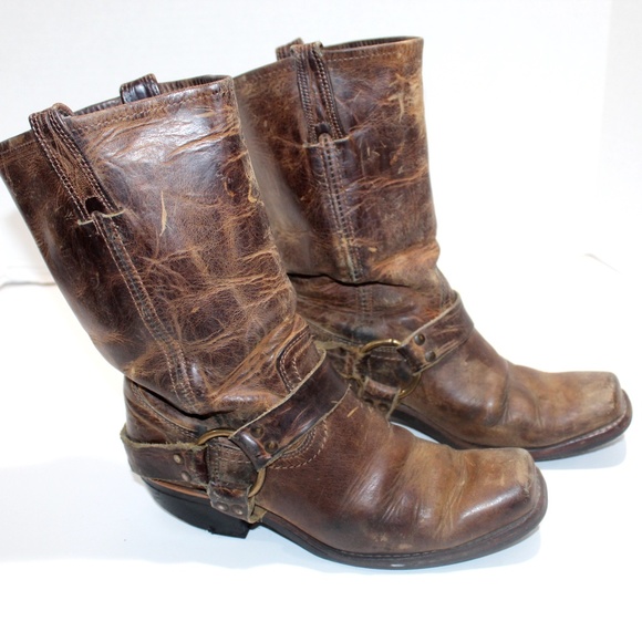 Frye Shoes - Vtg USA Destroyed Brown Frye Leather Harness Boots